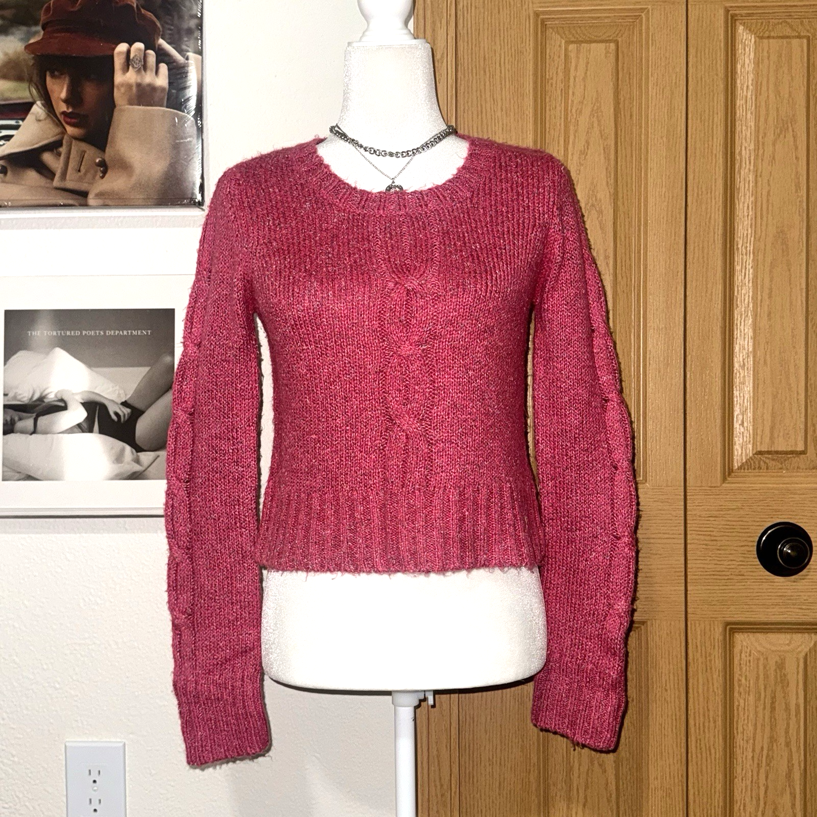 Vtg Y2k Unionbay Sweater Women’s Medium Pink Cable Knitted Long Sleeve Pullover